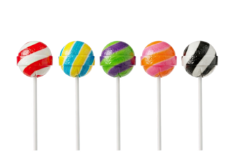 Five colorful swirled lollipops on white sticks arranged in a row isolated on transparent background
