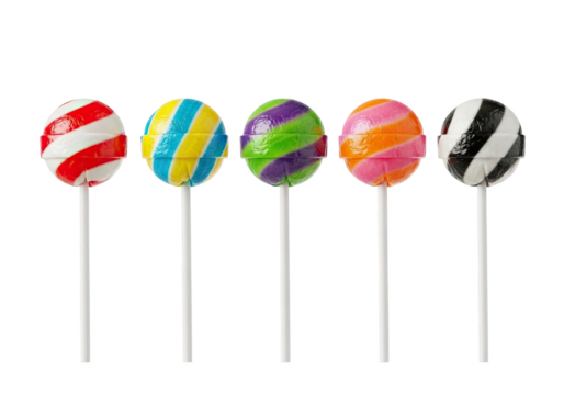 Five colorful swirled lollipops on white sticks arranged in a row isolated on transparent background