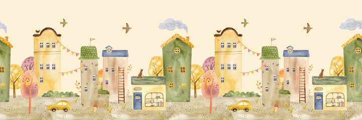 Cute watercolor city border pattern with cozy houses, bookstore, trees, and cars. Whimsical kids illustration banner perfect for nursery decor, cards, wrapping paper, and urban autumn designs. © Anna