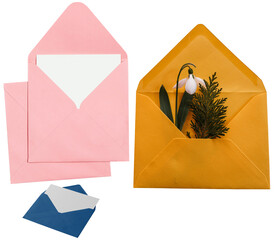 Colorful envelopes with blank card and flower isolated on transparent background – stationery and...