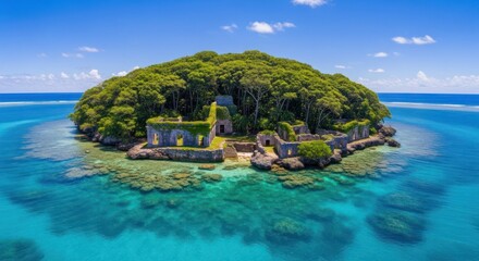 Island ruin with lush trees surrounded by turquoise waters, aerial view