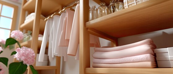 A chic array of winter coats hangs in a modern wardrobe, with neatly folded garments beneath, creating a cozy vibe