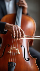 Close-up of hands on cello strings showcasing detailed bow movement for musical performance concept