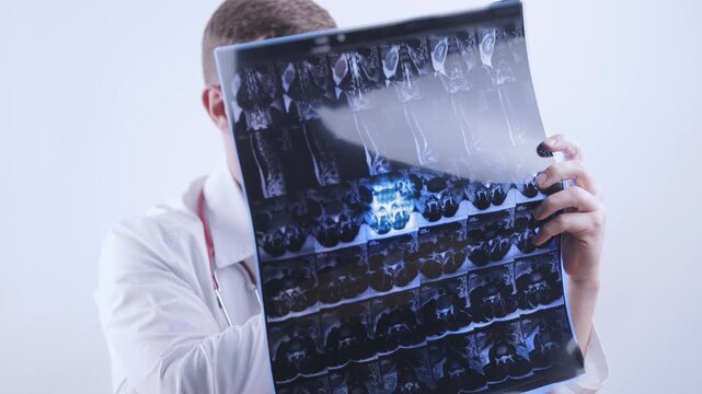Male doctor neurosurgeon examining mri scan of spinal column showing disc protrusion, Cause of pinched sciatic nerve in leg buttock.