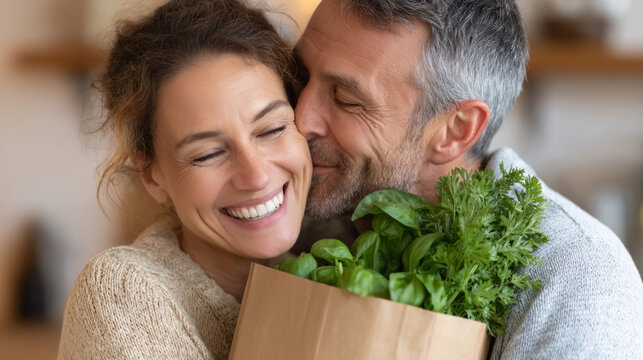Romantic couple embracing at home with grocery bag of fresh herbs - Powered by Adobe