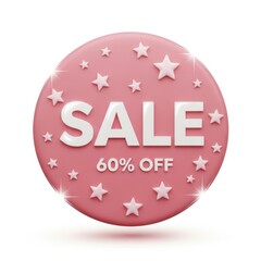 A pink circle with white stars and the word sale 60 off isolated on white background, creating a promotional image for discounts and special offers