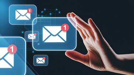 E-mail notifications: A hand interacting with digital envelopes indicating unread messages, symbolizing the modern communication and information exchange. 