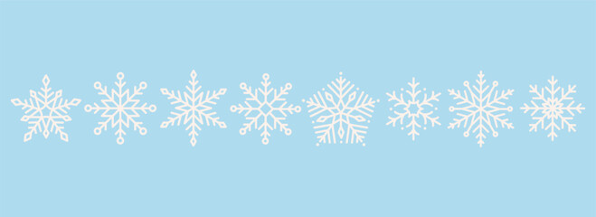 Cute white minimalistic snowflakes on a blue background. Festive winter holiday decorations for Christmas and New Year. Flat vector illustration
