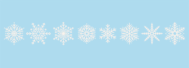 Cute white minimalistic snowflakes on a blue background. Festive winter holiday decorations for Christmas and New Year. Flat vector illustration