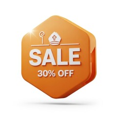 An orange hexagonshaped badge with the words sale 30 off and a bishops mitre isolated on white background ideal for promoting discounts and religious events