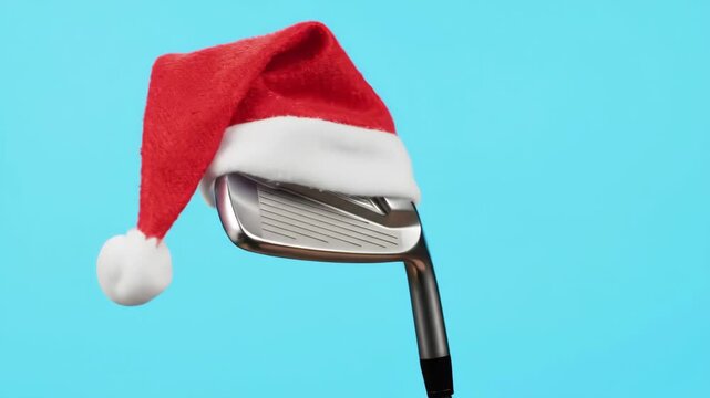 Golf club with Santa hat, isolated on blue background, for Christmas, holiday, or gift concepts