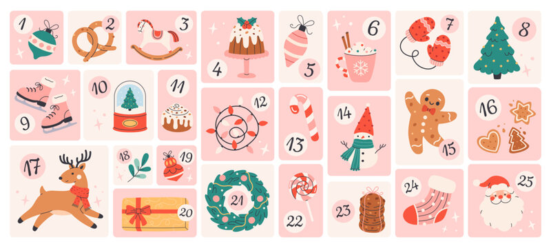 Christmas advent calendar. Cute cozy festive december countdown with gifts and sweets. Perfect for Christmas cards, posters, wrapping paper, and seasonal design projects. Flat vector illustration