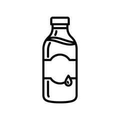 Simple hand drawn outline illustration of a clear glass bottle filled with liquid and a single drop falling from the neck