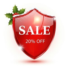 Christmas sale banner with 20 discount isolated on white background shiny red shield with holly for advertising and marketing campaigns to promote holiday shopping