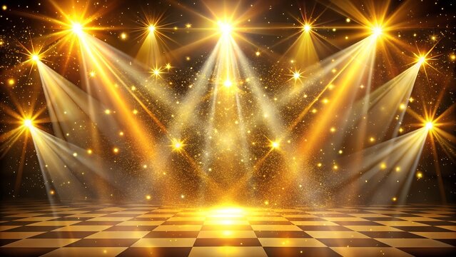 Multiple stage spotlights creating a dramatic effect with golden light beams, glittering particles, and a checkered floor