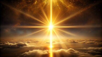 Golden sunbeam shining from the heavens above the clouds, illuminating the sky and reflecting on the water below