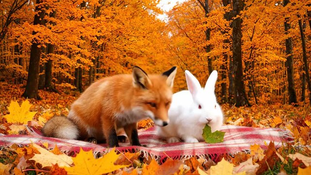 Fox and Rabbit Autumn Picnic - A red fox and white rabbit sit together on a picnic blanket in an autumn forest. The cozy scene symbolizes friendship and the comforting feeling of the fall season.