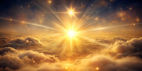 Brilliant sunburst radiating light through clouds, creating a divine, heavenly spectacle with sparkling stars and a golden glow