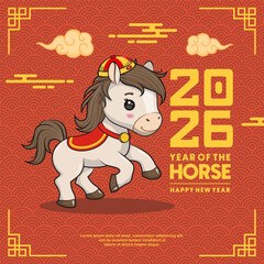 Happy Chinese New Year, Year Of The Horse, 2026 With Cute Horse Zodiac, Vector Cartoon Illustration