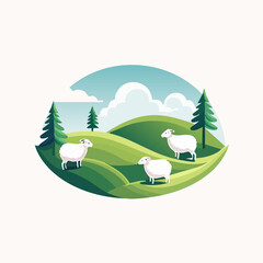 Sheep Grazing on Green Hills - A Peaceful Landscape Illustration.