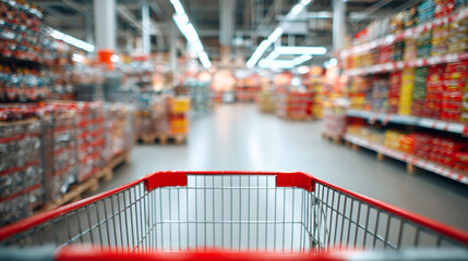 Empty Shopping Cart in Supermarket Aisle