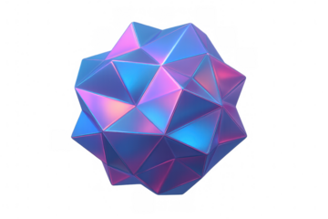 Iridescent polygonal abstract shape glowing with vibrant neon colors on transparent background