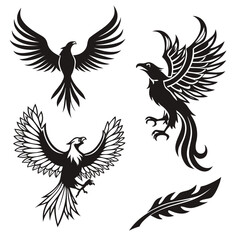 Fototapeta premium Vector art of collection of black phoenix birds in different poses