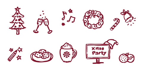 Xmas party hand drawn icons, isolated vector illustration drawing