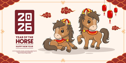 Happy Chinese New Year 2026 Year Of The Horse, Cute Vector Cartoon Illustration