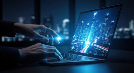 Person touches a laptop screen displaying a vibrant, futuristic cityscape
