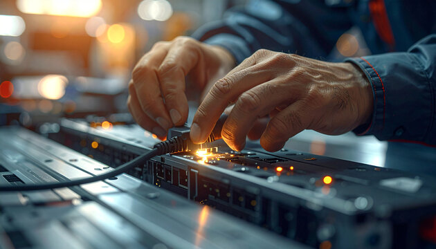 Connecting the Network: A skilled technician meticulously inserts a network cable, illuminating the intricacies of technological infrastructure.