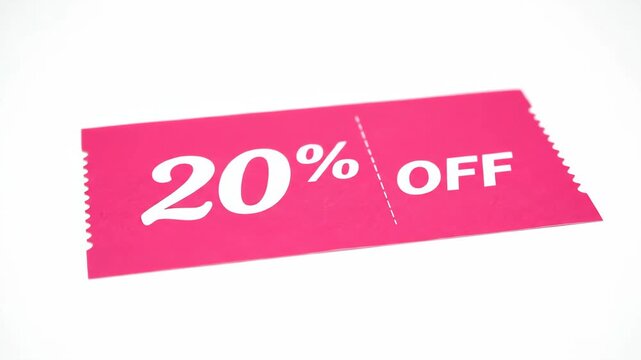 Pink 20% Off Discount Coupon on White - This is a shot of a pink discount coupon featuring "20% Off" in white text. The promotional ticket has a perforated edge, set against a clean white background.