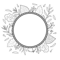 Autumn round frame with foliage and berries in doodle style. Cartoon illustration for decor.