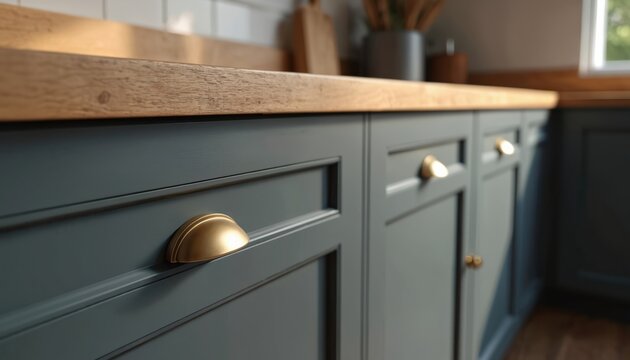 Dark gray kitchen cabinets with brass pulls, oak wood countertop. Classic furniture detail in modern farmhouse style home. Interior design with elegant wooden cabinetry for renovation ideas showing
