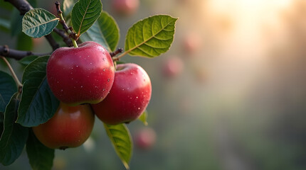 Ripe red apples growing on an apple tree branch, with green leaves in the foreground and a soft, sunny background.