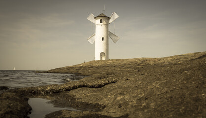 Stawa Mlyny Lighthouse in Swinoujscie, Baltic Sea, Poland. 