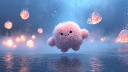 Fluffy pink cartoon creature, 3D render, floating in dreamy glowing misty scene