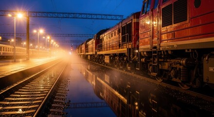 Red train on a wet platform, reflections in puddles at night