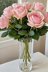 Pink Rose Bouquet in Crystal Vase by Window Natural Light Interior