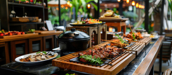 Fototapeta premium Gourmet Spread in Elegant Dining: A meticulously arranged buffet table overflows with a vibrant array of culinary delights, from grilled delicacies to fresh salads and sides.