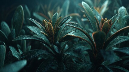 Obraz premium Dark foliage plant close up, digital art style, dewy leaves with dramatic lighting