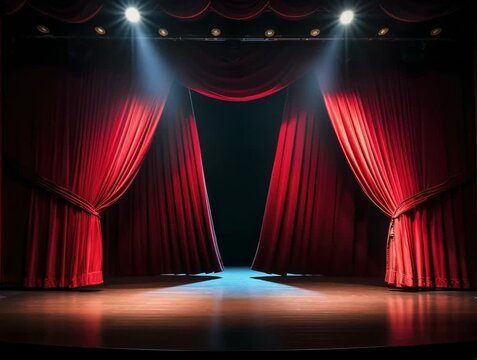 Curtain rises on an empty stage in a theater, showcasing the rich red drapes and welcoming atmosphere of live performances at night