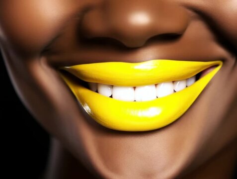 Bright yellow lipstick showcased on a model with radiant skin tone in a close-up setting highlighting makeup artistry