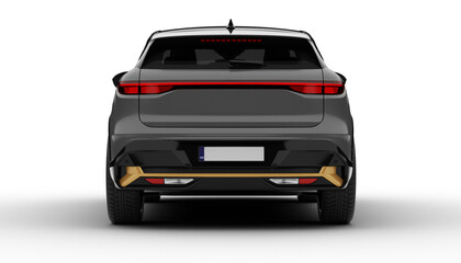 Transparent background, a gray colored modern electric suv car full rear view, showcasing its taillights and modern design in a realistic 3D render.