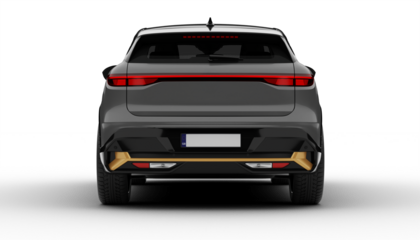 Transparent background, a gray colored modern electric suv car full rear view, showcasing its taillights and modern design in a realistic 3D render.
