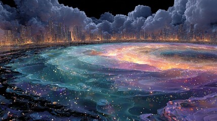 Cosmic cityscape digital art with glowing galaxy swirl and futuristic skyline at night