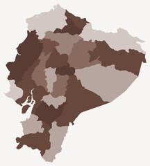 Map of Ecuador with regions. Just a simple country border map with region division. Brown color palette. Blank Ecuador shape with administrative division. Vector illustration.
