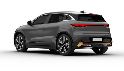 Transparent background, a gray colored modern electric suv car at a rear left angle, emphasizing...