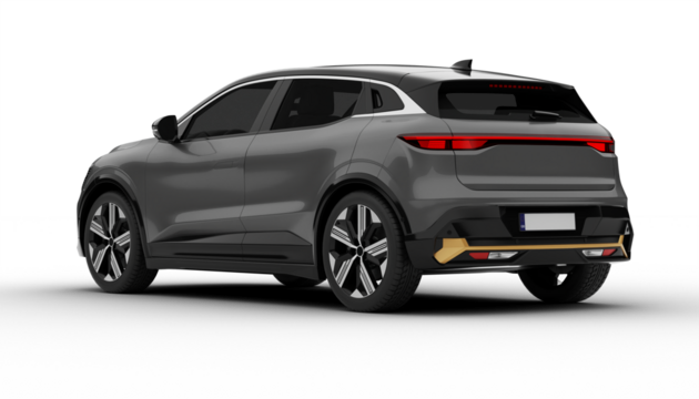 Transparent background, a gray colored modern electric suv car at a rear left angle, emphasizing its LED taillights and sleek rear design in a high-quality 3D render.