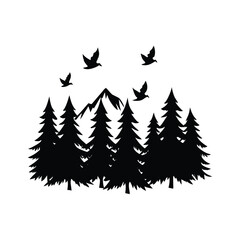 Obraz premium pine forest and mountain with flying birds silhouette